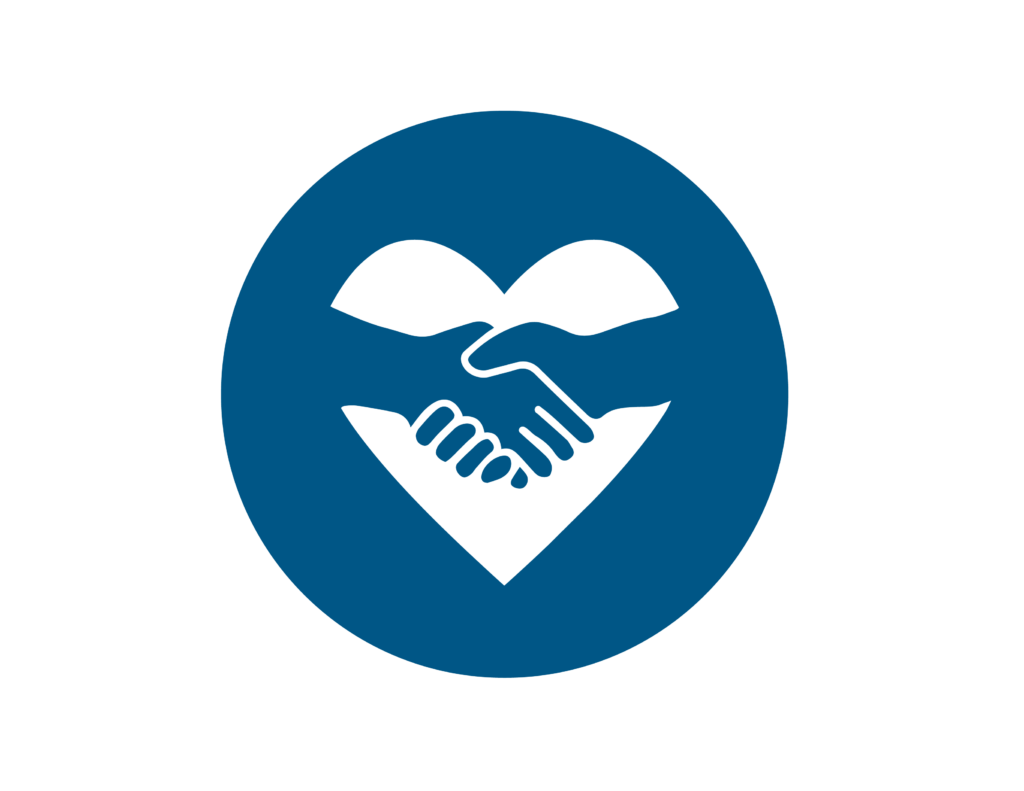 A blue circle with a white heart shape inside, formed by two hands reaching out and shaking hands in the center, symbolizing compassion and partnership.