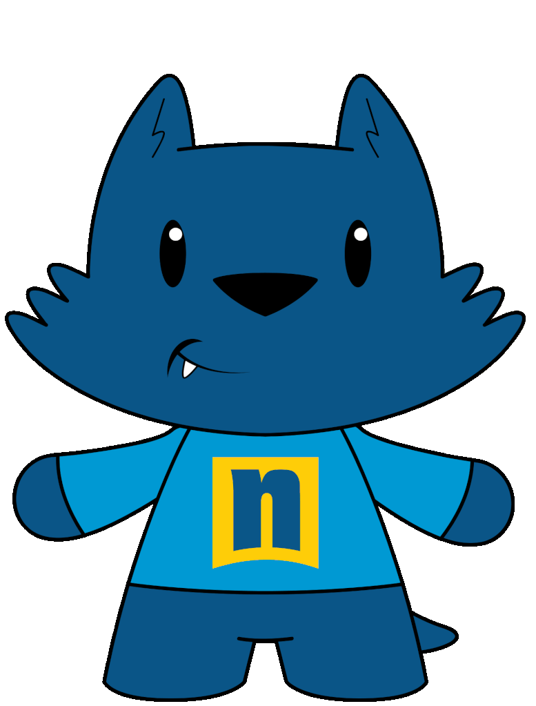 A cute, blue cartoon cat with black eyes and a small fang, wearing a blue shirt with a yellow square and a blue n on the front, standing on a beige background.