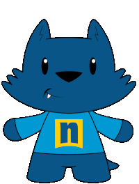 A cute, blue cartoon cat with black eyes and a small fang, wearing a blue shirt with a yellow square and a blue n on the front, standing on a beige background.