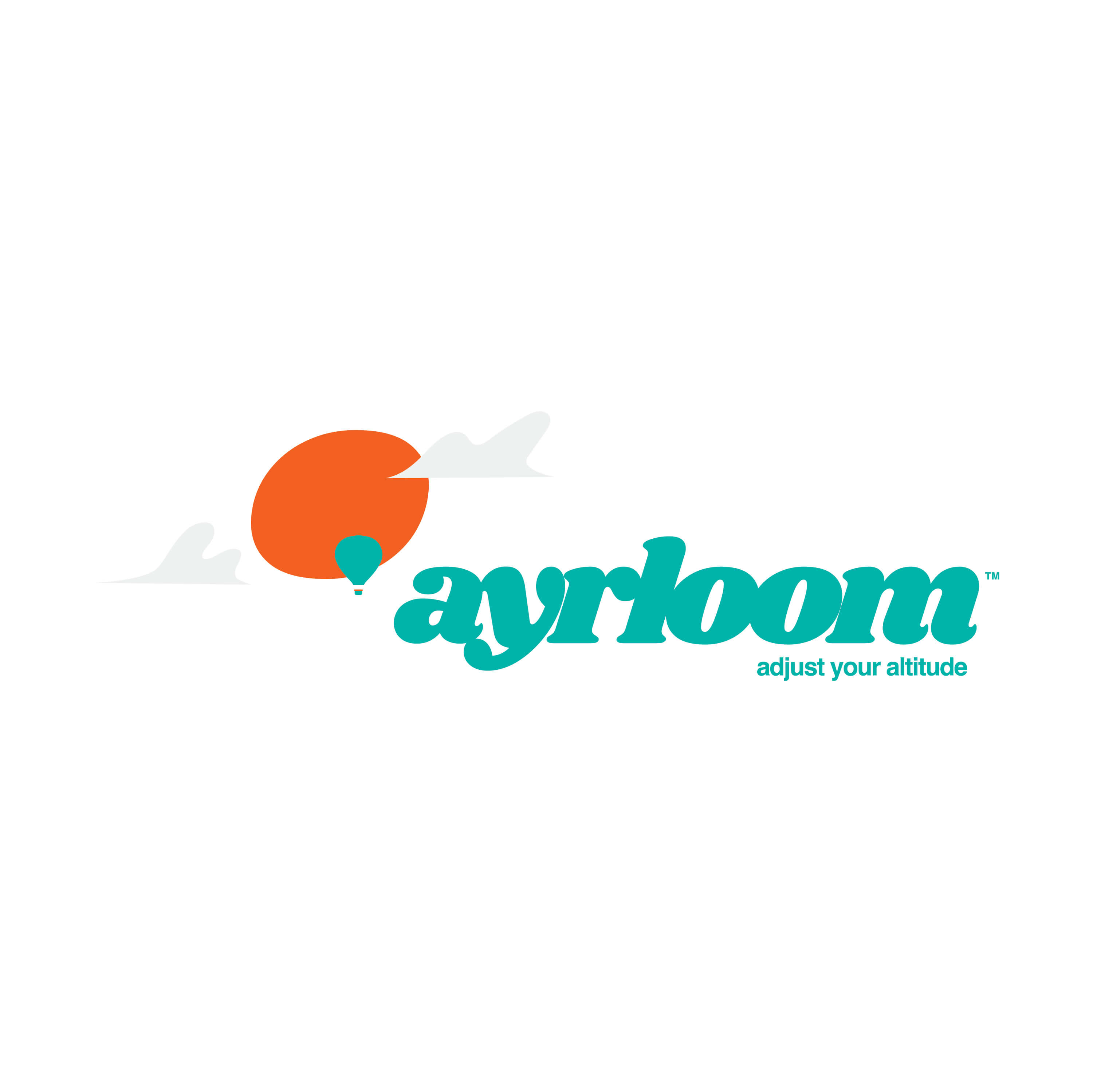 Logo with a stylized red sun, two white birds, a green hot air balloon, and the word ayrbloom in green text. Below, it says adjust your altitude in smaller orange letters.