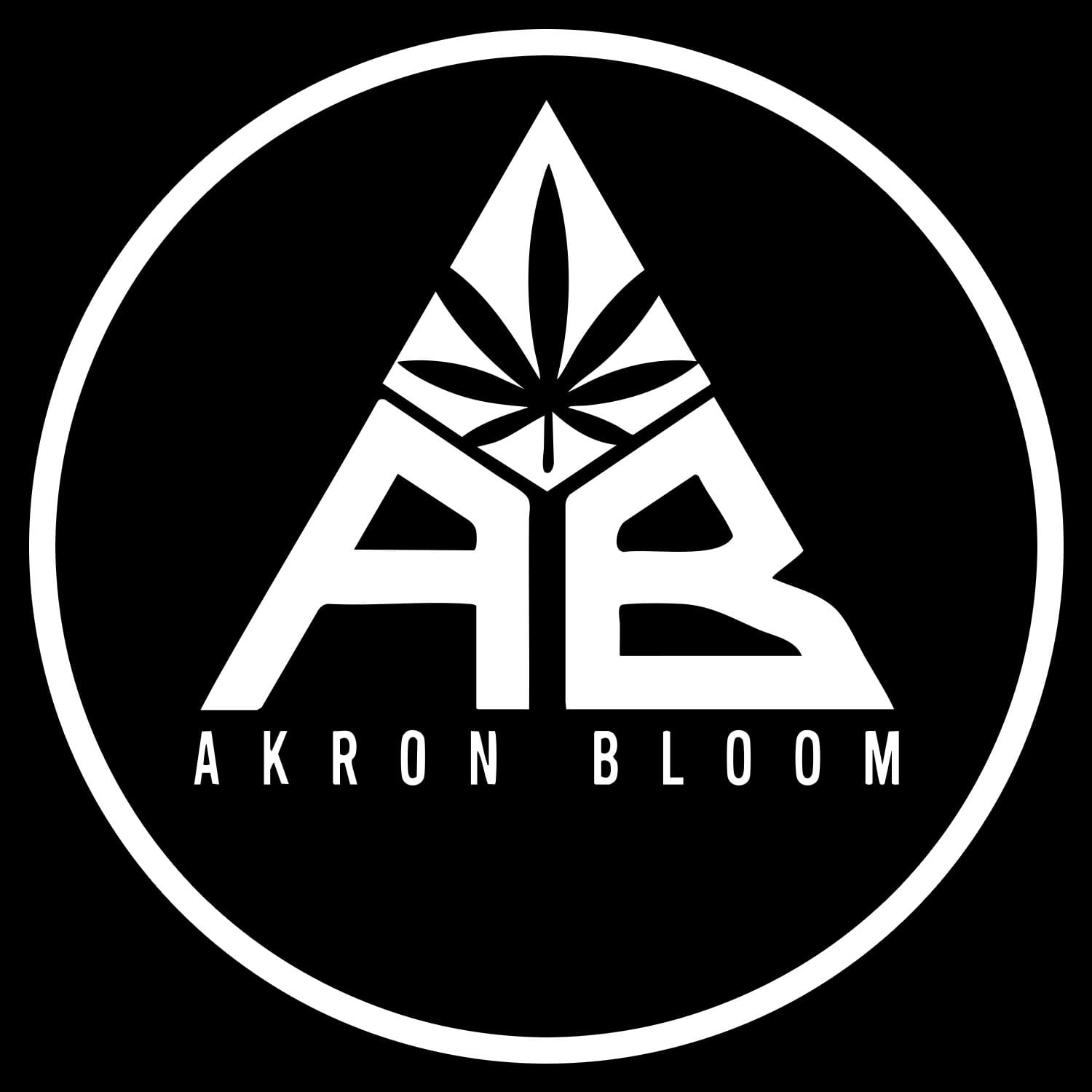A black circular logo with a white border features the letters AB and AKRON BLOOM below a triangle containing a stylized cannabis leaf.