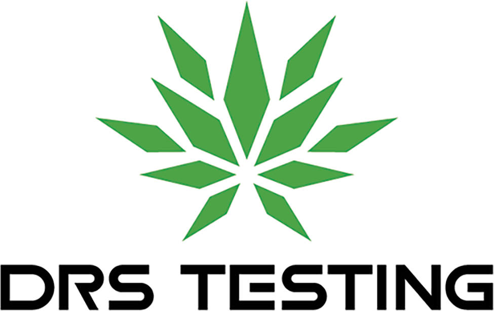 A stylized green cannabis leaf above the bold black text DRS TESTING on a white background.