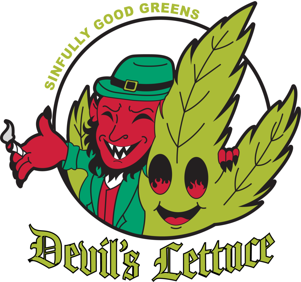 A smiling red devil in a green suit and hat holds a joint and hugs a grinning cannabis leaf with arms. Above them, “SINFULLY GOOD GREENS” is written in green text; below is “Devil’s Lettuce” in stylized black and green font.