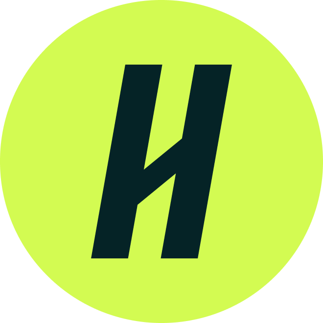 A bold, black letter H with angled lines is centered on a bright yellow-green circular background.