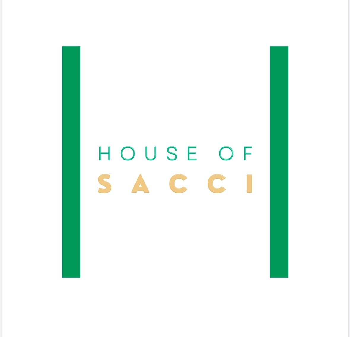 Minimalist logo with two vertical green bars on each side. In between, the text reads HOUSE OF SACCI—HOUSE OF in green letters above, and SACCI in tan letters below. The background is white.