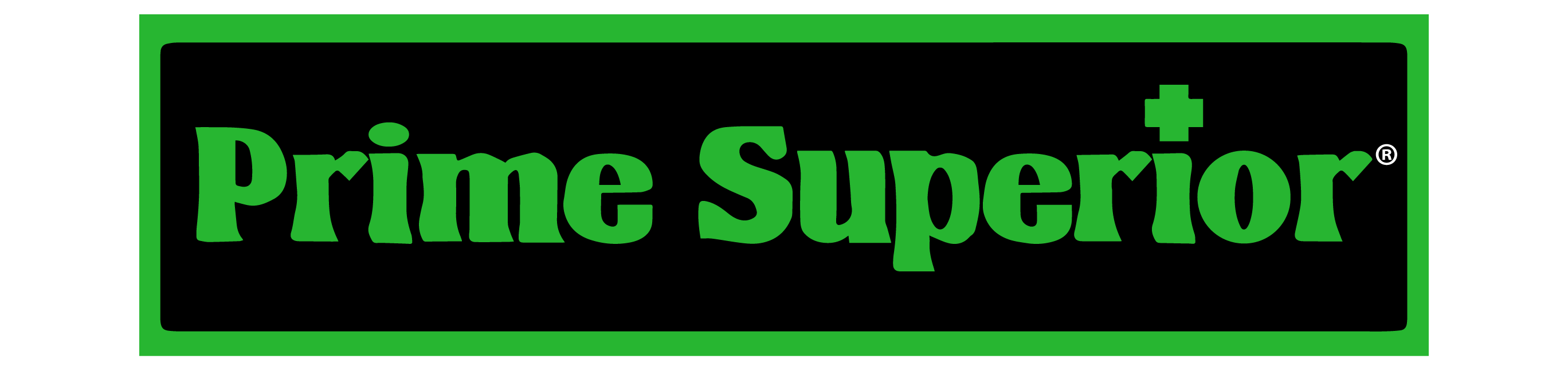 Green text reads Prime Superior with a plus sign above the letter i, all on a black rectangular background with a green border.