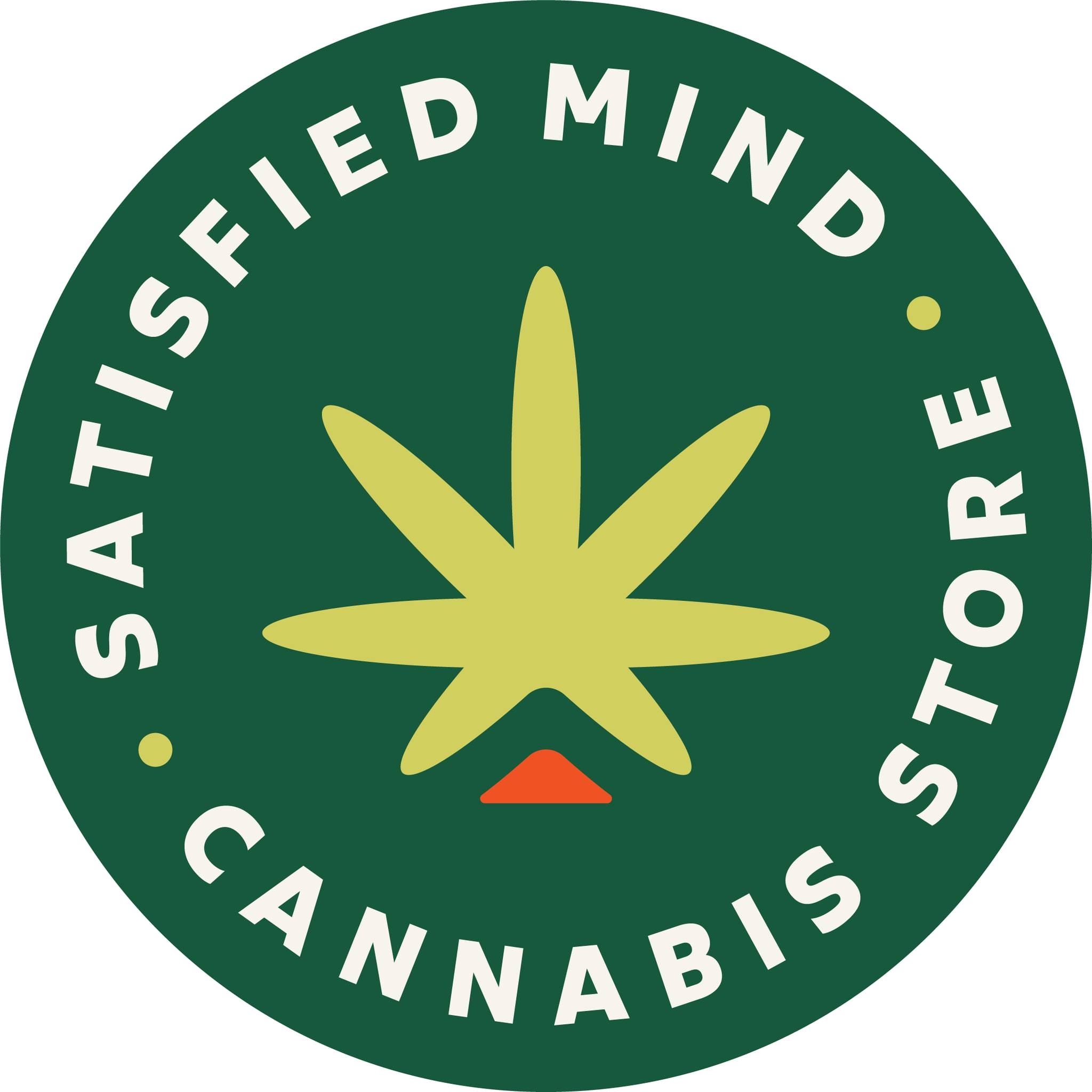 A green circular logo with the words SATISFIED MIND CANNABIS STORE around the edge, featuring a stylized cannabis leaf in the center and a small orange triangle at the base of the leaf.