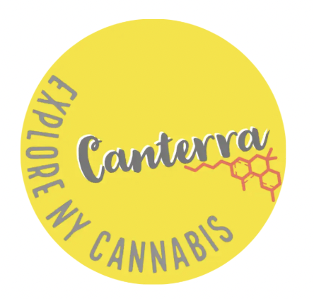 A bright yellow circular logo with the words EXPLORE NY CANNABIS around the edge and Canterra in the center, featuring a red chemical structure illustration.