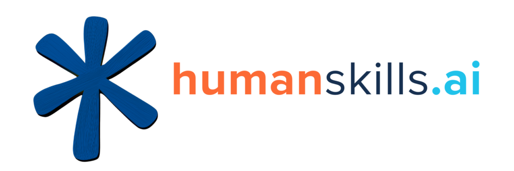 Logo with a large blue asterisk shape on the left, and the words humanskills.ai on the right, with human in orange, skills in dark blue, and .ai in light blue, all on a white background.