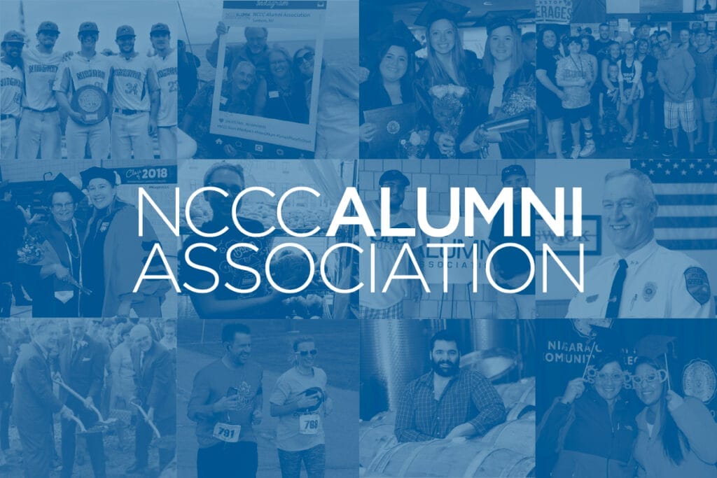 A blue-tinted collage of diverse group photos and events, with the bold white text NCCC Alumni Association overlaying the center of the image.