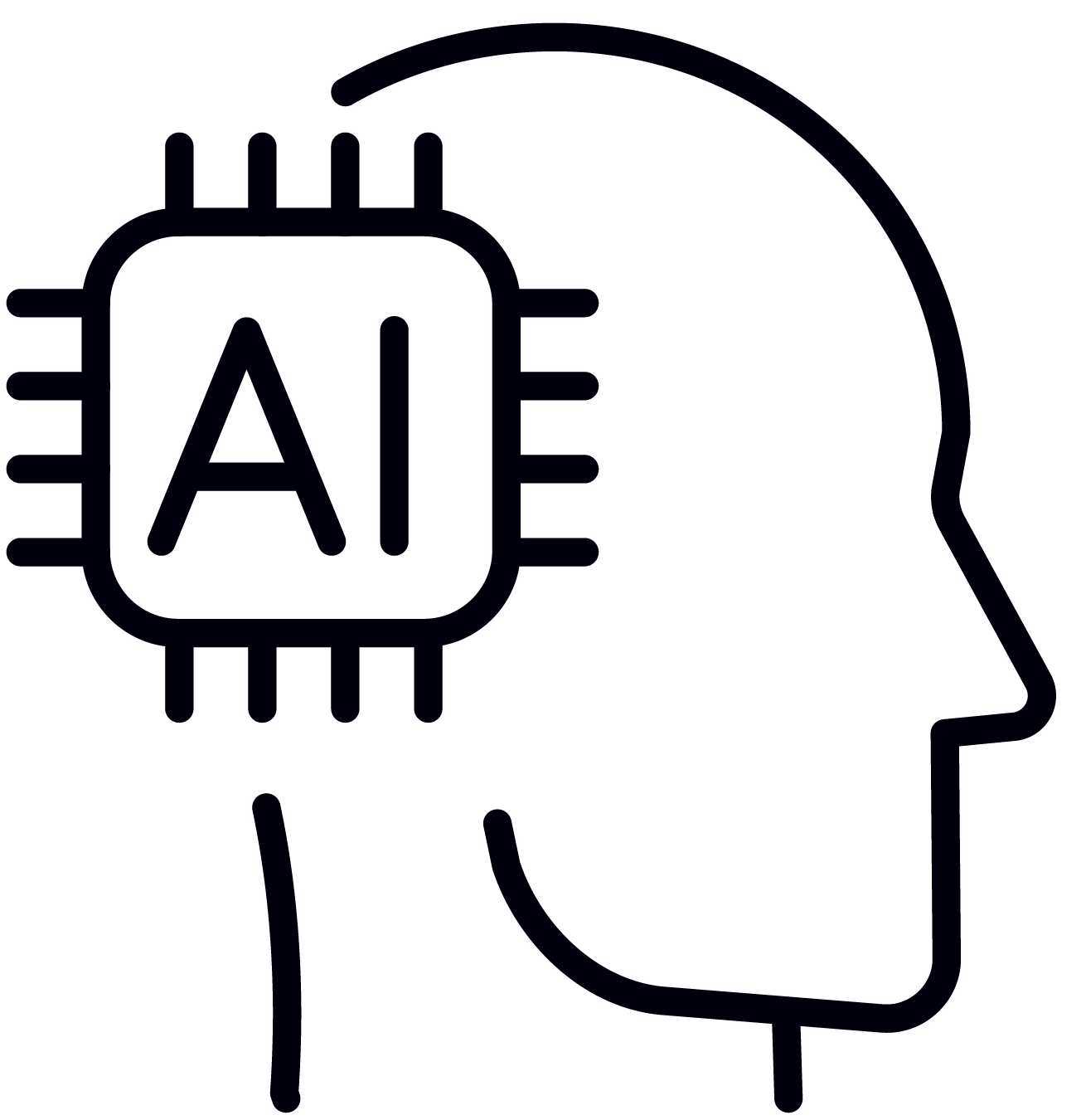 A simple black outline of a human head in profile with a microchip labeled AI overlapping the brain area, symbolizing artificial intelligence integration and SUNY Niagara’s commitment to workforce development through skilled training and certification programs.