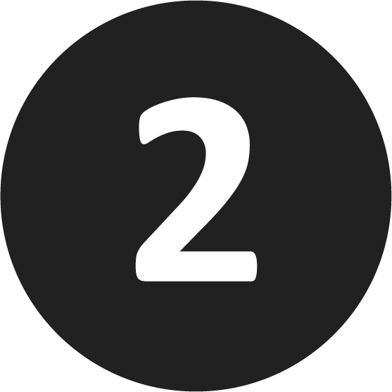 A bold white number 2 is centered inside a solid black circle on a light gray background.