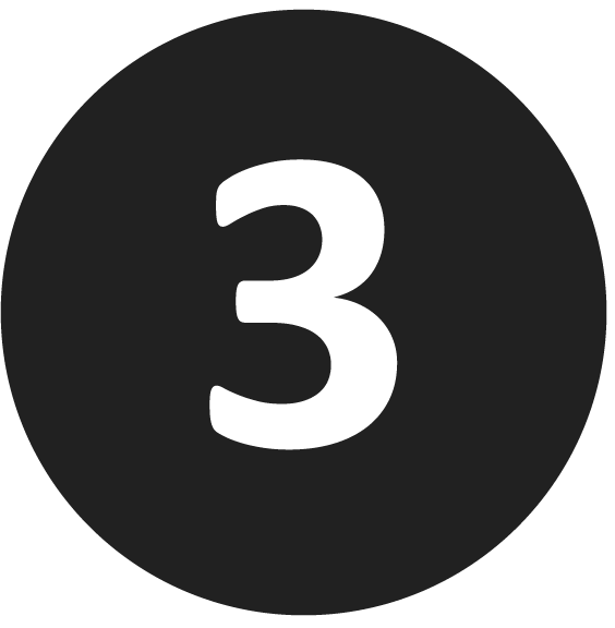 A bold white number 3 is centered on a solid black circle with a light gray background.