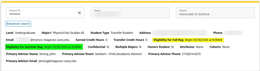 Screenshot of a student information panel showing details such as student ID, degree, email, credits, eligibility dates for Fall and Summer registration, advisors names, contact info, and office locations.