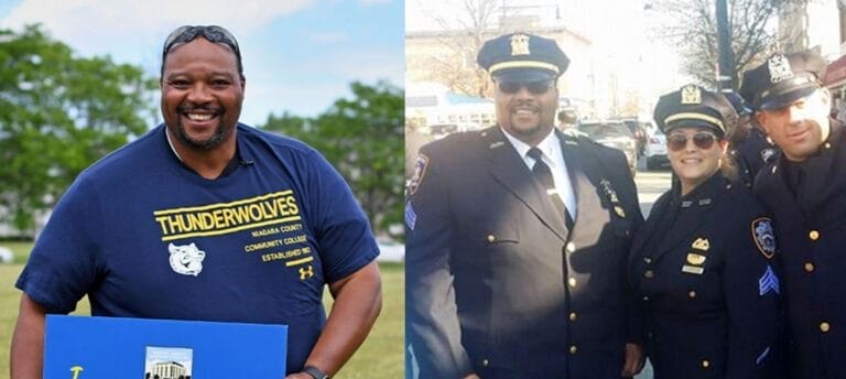 A man in a Thunderwolves shirt holds a blue #SUNYCC sign outdoors. Next to him, he is seen in police uniform posing with two fellow officers on a city street.