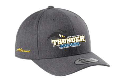 A gray baseball cap with the SUNY Niagara Thunderwolves logo on the front and the word Alumni embroidered in yellow on the side.