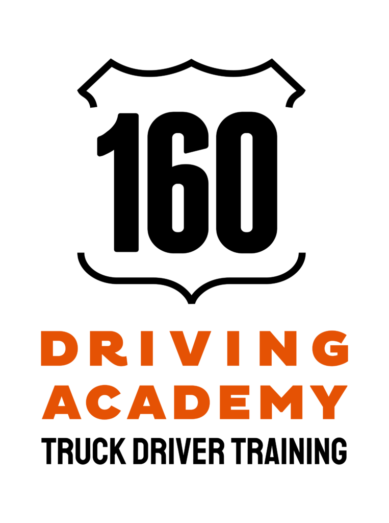 Logo for 160 Driving Academy Truck Driver Training. The number 160 appears inside a highway sign outline above bold orange text DRIVING ACADEMY and black text TRUCK DRIVER TRAINING on a light background.