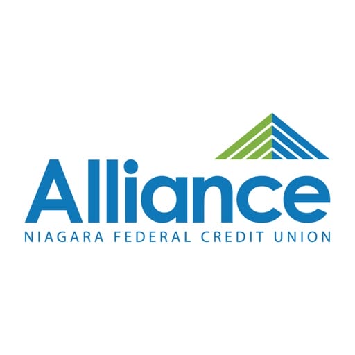 Logo for Alliance Niagara Federal Credit Union. The word Alliance is in large blue letters, with Niagara Federal Credit Union in smaller blue text below. Above is a stylized triangular graphic with blue and green stripes.