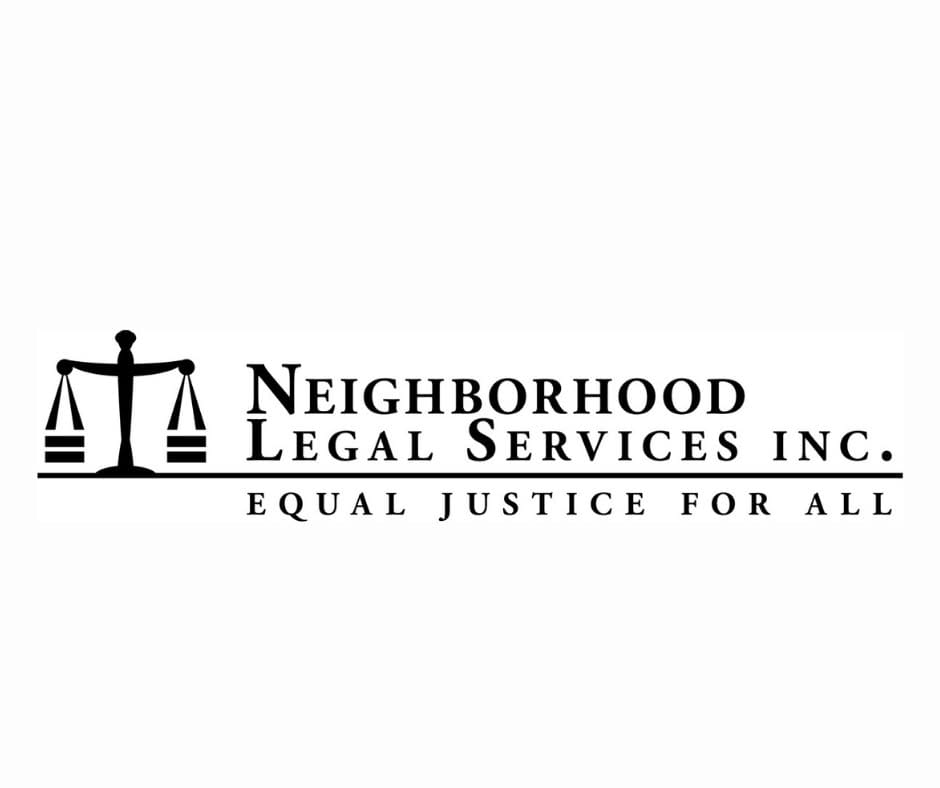 Logo for Neighborhood Legal Services Inc. featuring scales of justice on the left and the organizations name with the slogan Equal Justice For All in capital letters underneath.