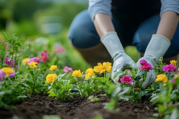 A person wearing white gloves tends to vibrant yellow and pink flowers in a garden, carefully planting or arranging them in soil on a bright, sunny day.