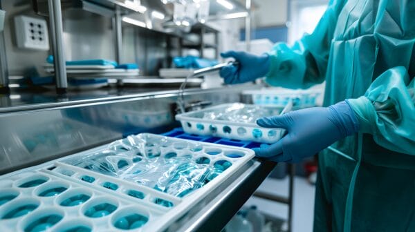 A person in protective clothing and gloves handles trays of medical instruments in a sterile laboratory or hospital setting, preparing equipment for use or sterilization.