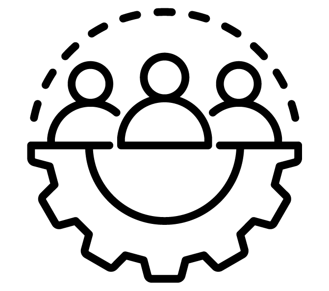 Black and white icon showing three people figures inside a gear, symbolizing teamwork, collaboration, or team management—reflecting Workforce Development at SUNY Niagara: Empowering the Community Through Skilled Training and Certification Programs. A dotted semicircle arcs above.