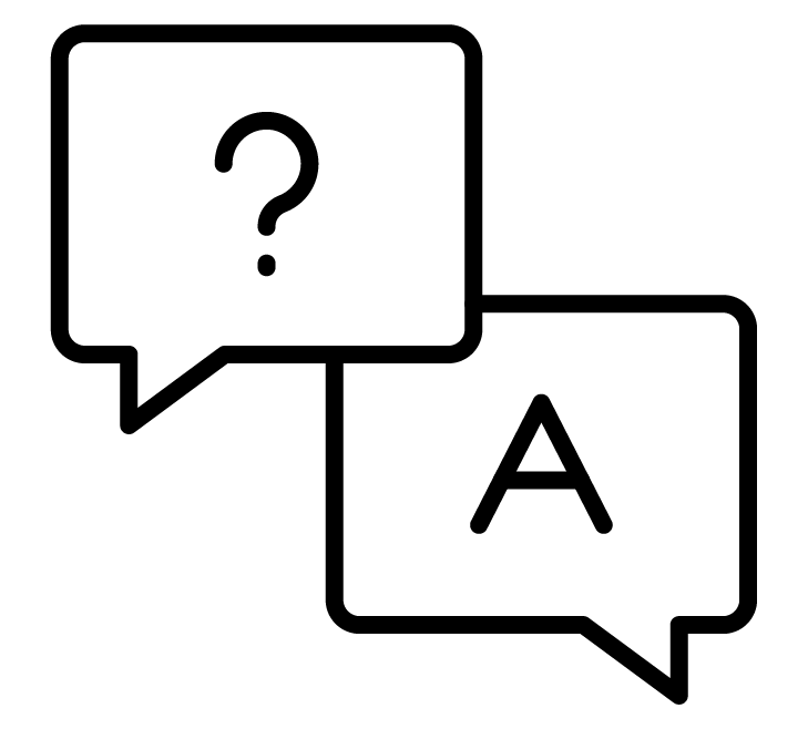 Two overlapping speech bubbles, one with a question mark and the other with the letter A, symbolizing a question-and-answer exchange or communication.