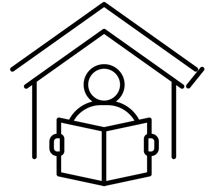 Simple black line drawing of a person reading a book while sitting inside a house, viewed from the front. The house is represented by an outline and a triangular roof.