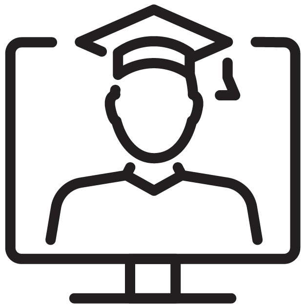A simple black outline icon of a person wearing a graduation cap, shown on a computer monitor screen, representing Workforce Development at SUNY Niagara: Empowering the Community Through Skilled Training and Certification Programs online.