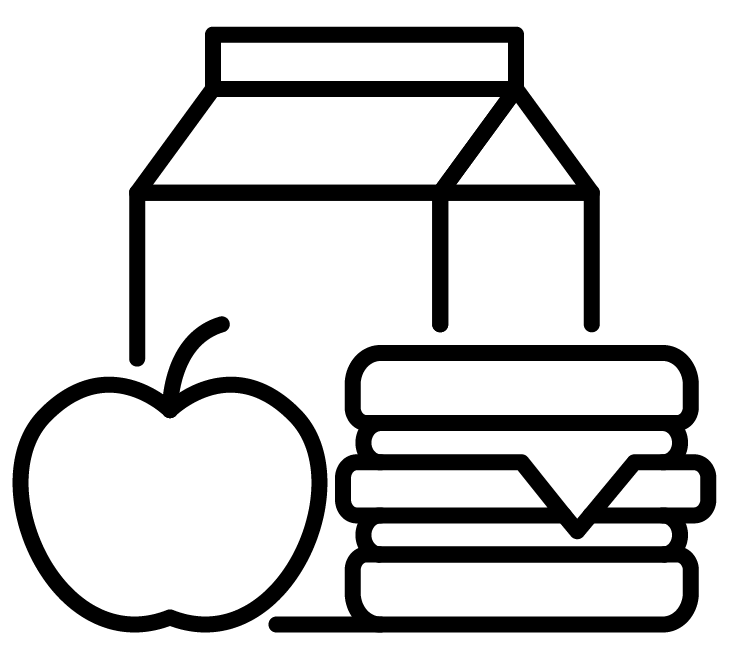 Line drawing of a lunchbox meal featuring a milk carton, an apple, and a sandwich with layers stacked together.
