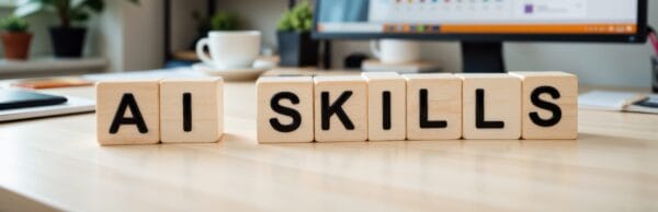 Wooden blocks spelling AI SKILLS sit on a desk with a computer monitor showing colorful charts and graphs in the background, surrounded by plants and office supplies.
