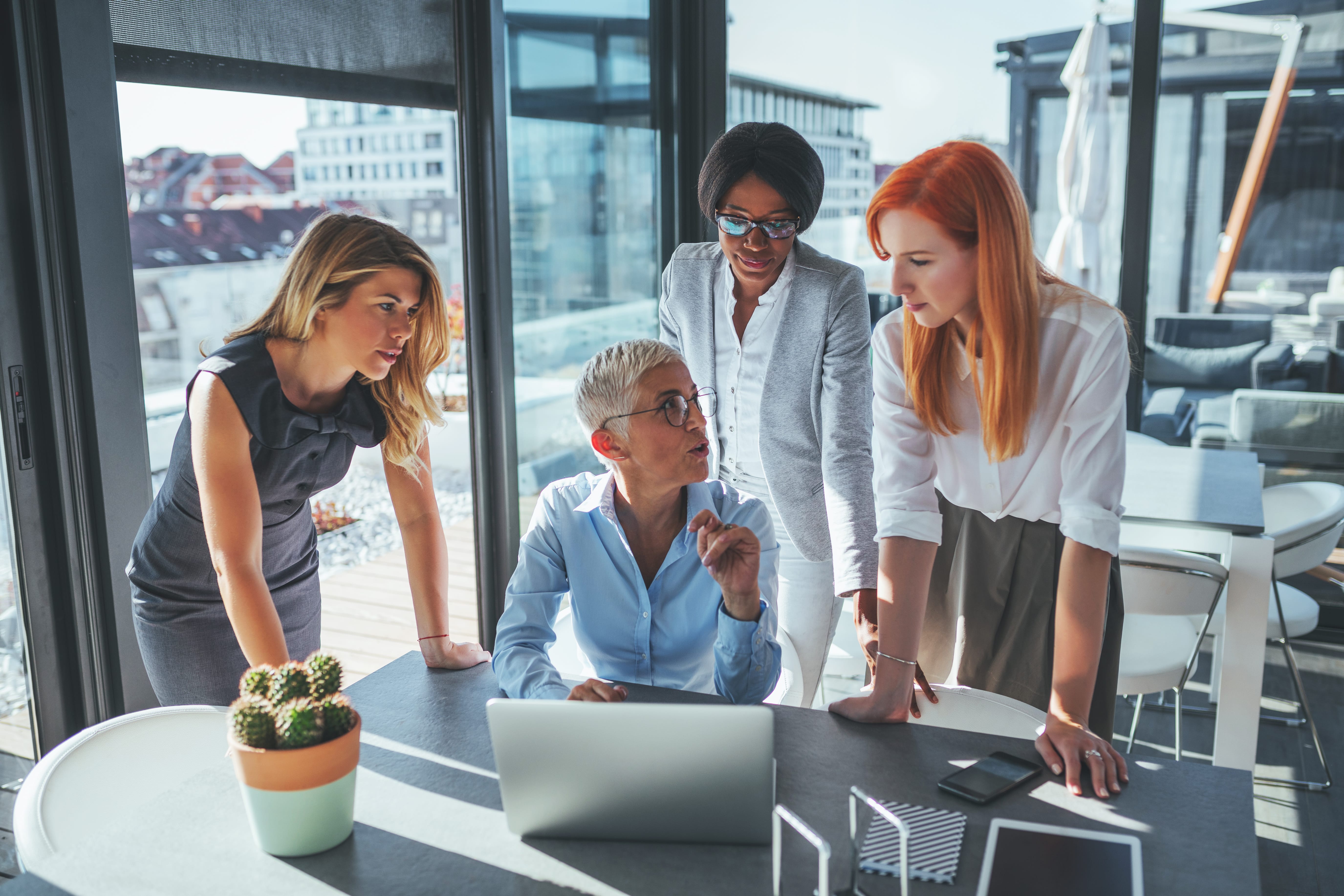 Four women in business attire are gathered around a laptop in a modern office, engaged in discussion. Sunlight streams through large windows, and a potted cactus sits on the table.