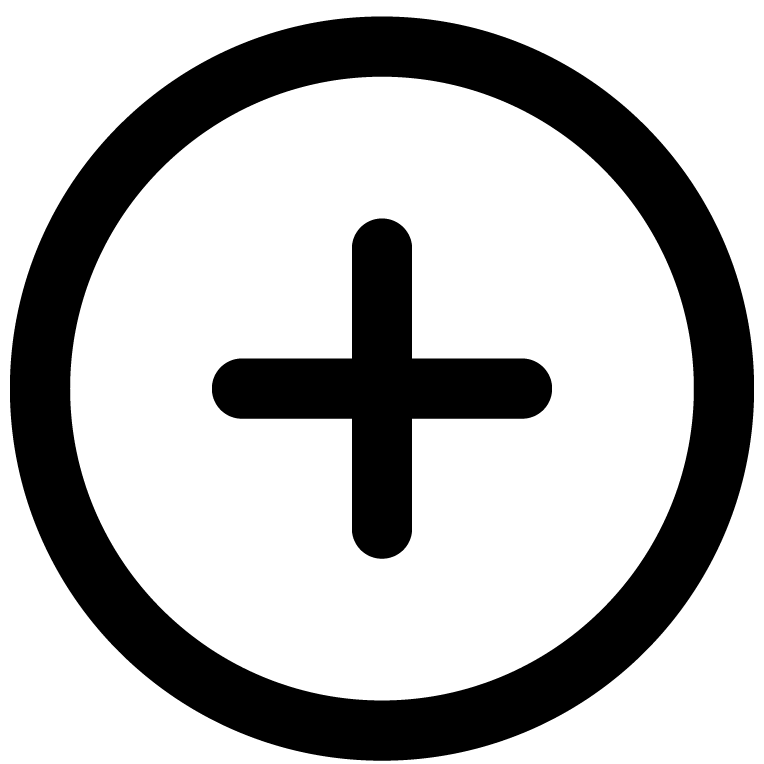 A bold black plus sign inside a thick black circle on a white background.