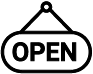 A rectangular sign with rounded edges hangs from a string, displaying the word OPEN in bold, capital letters.