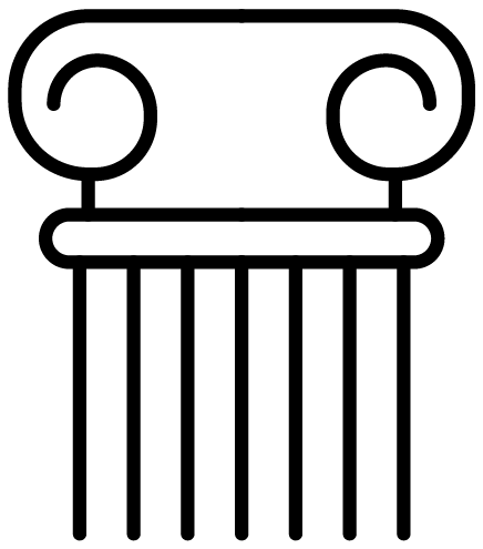 Black outline drawing of an Ionic column capital with volutes (spiral scrolls) on top and vertical lines below, representing the shaft of the column.