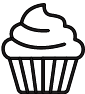 Black and white line drawing of a cupcake with a swirled frosting on top and a ridged cupcake liner at the bottom.