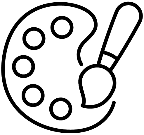 A black and white line drawing of an artist’s paint palette with five paint wells and a paintbrush resting on it.