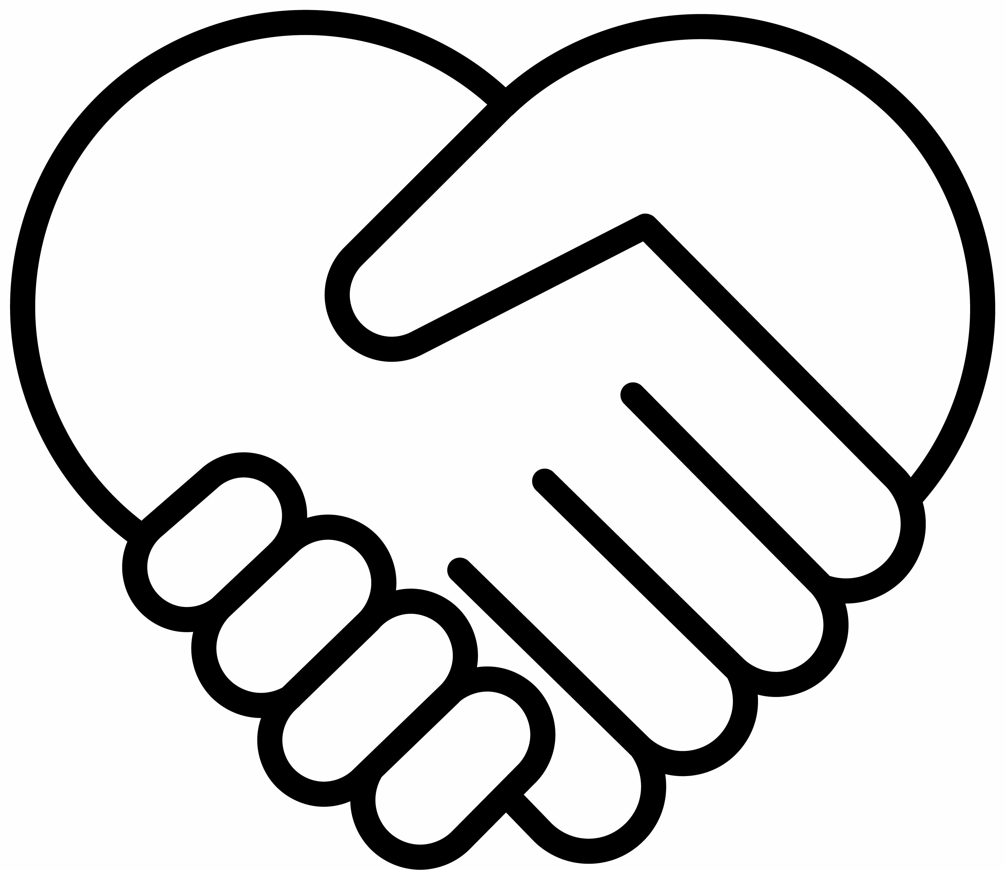 Black and white illustration of two hands shaking inside a heart shape, symbolizing partnership, cooperation, or unity.
