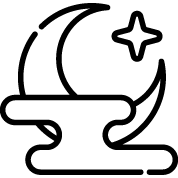 Simple black outline drawing of a crescent moon and star above stylized clouds, representing a night sky scene on a light background.