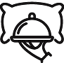A simple black and white line drawing of a hand holding a food tray with a cloche in front of a pillow, symbolizing room service.