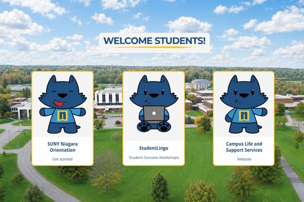 A campus scene with three cartoon wolf mascots promoting SUNY Niagara Orientation, StudentLingo workshops, and Campus Life services, under a Welcome Students! banner.