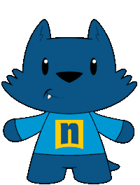 Cartoon blue cat character wearing a blue shirt with a yellow n on a blue square, standing upright and smiling with one fang visible.