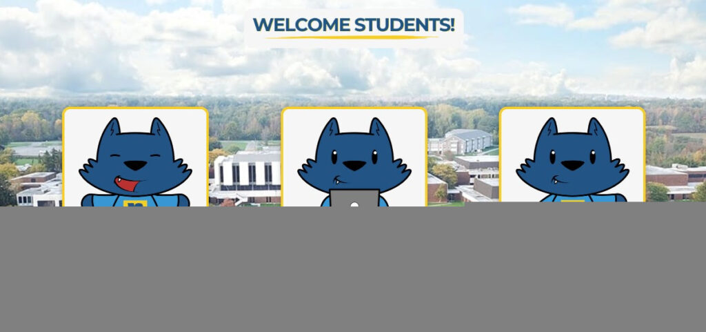 Three blue wolf mascots representing SUNY Niagara stand over a campus background. Each holds an object: an ID badge for orientation, a laptop for StudentLingo, and a paper for campus life and support services.