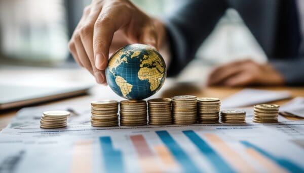 A hand places a small globe on stacked coins, with financial charts and a blurred person in the background, symbolizing global finance and investment.