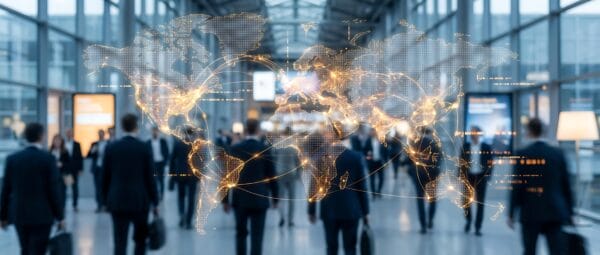 A world map with glowing network lines is overlaid on a blurred image of businesspeople walking in a modern glass building, symbolizing global business and connectivity.