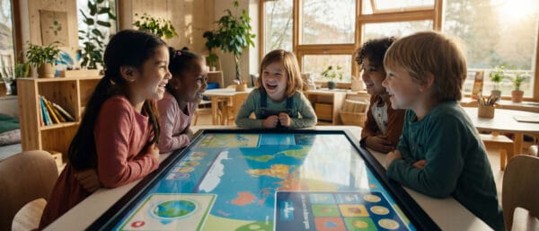 Five young children smile and gather around an interactive digital table displaying a colorful world map, inside a bright classroom filled with natural light and plants.