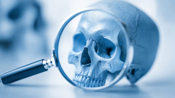 A human skull is closely examined through a magnifying glass, highlighting the eye socket and nose area. The image has a blue tint and suggests analysis or investigation.