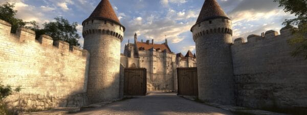A medieval stone castle with tall towers and wooden gates stands under a partly cloudy sky, surrounded by fortified walls and a cobblestone path leading to the entrance.