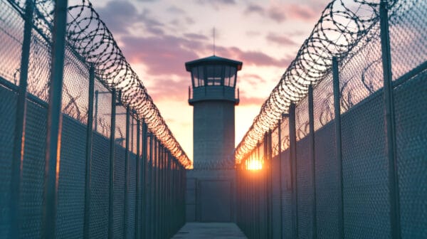 A prison yard with high fences topped with barbed wire leads to a guard tower. The sun is setting, casting a warm glow and long shadows across the scene.