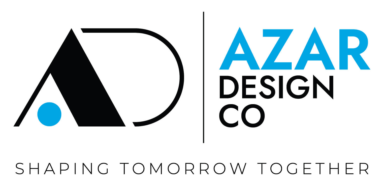 Azar Design Co logo features a stylized AD with a blue circle, company name in black and blue text, and the slogan Shaping Tomorrow Together below.
